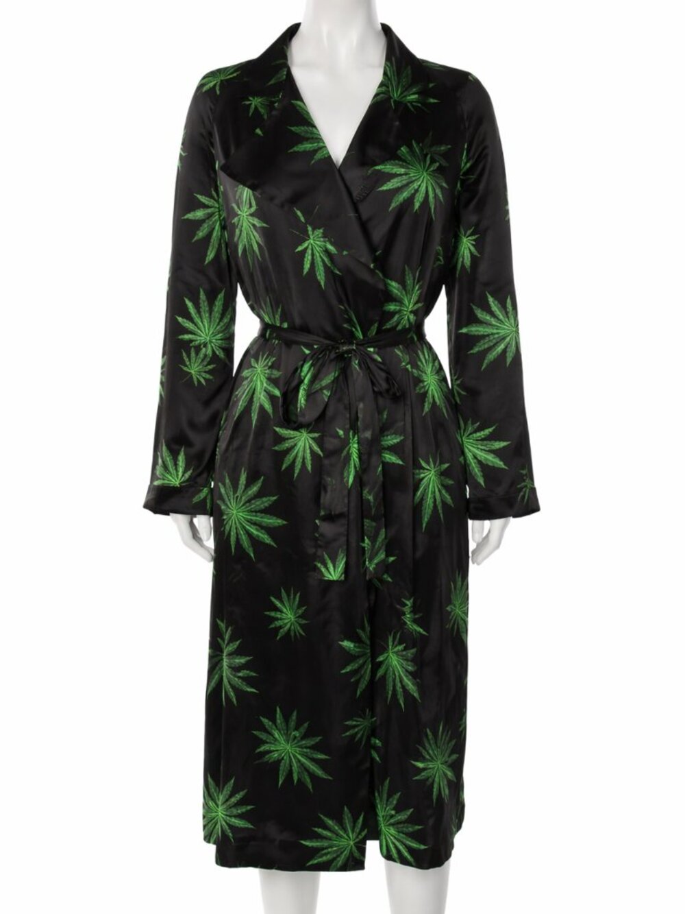 WE ARE LEONE | 100% Silk Black Green Leaf Print Belted Kimono Robe S/M